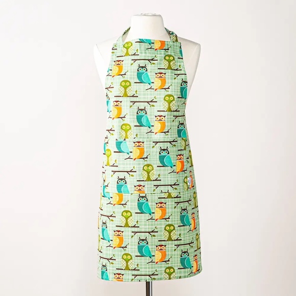 Cute Owl Apron, Green, Orange, Aqua, with Pocket - Picture 2 of 6